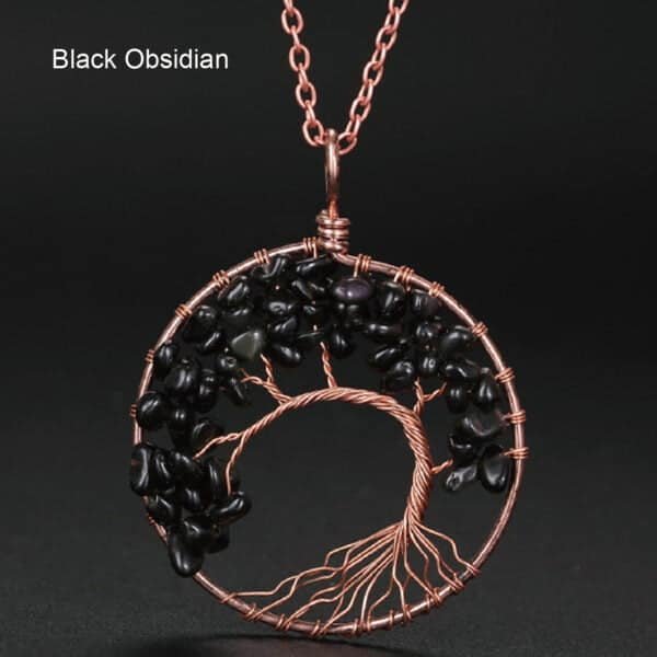 healing crystal necklace tree of life black obsidian