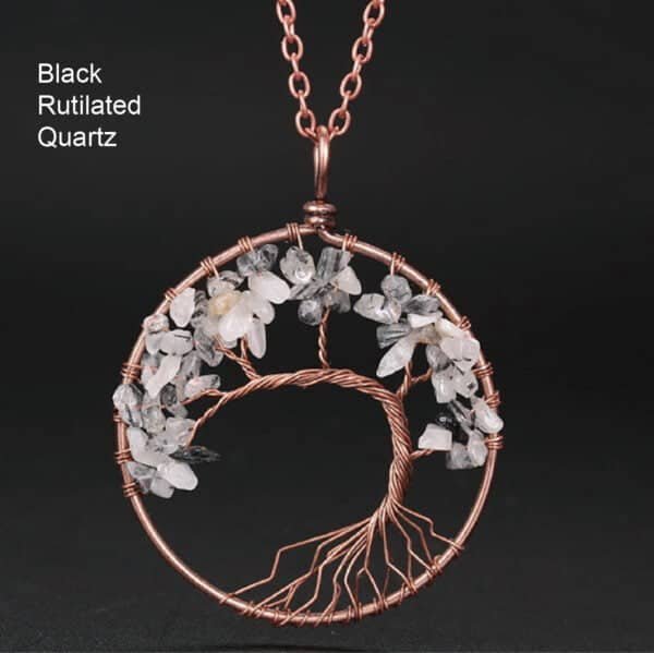 healing crystal necklace tree of life black rutilated quartz