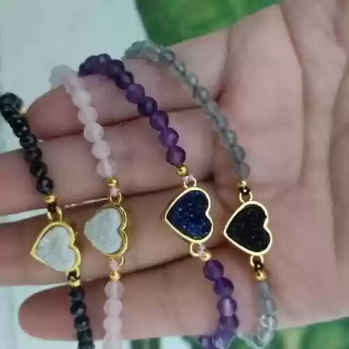 Healing Crystal Bracelet with Heart Shape Druzy Charm