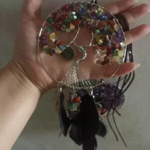 Tree of Life Dream Catcher Wall Decor with Healing Crystal and Feather